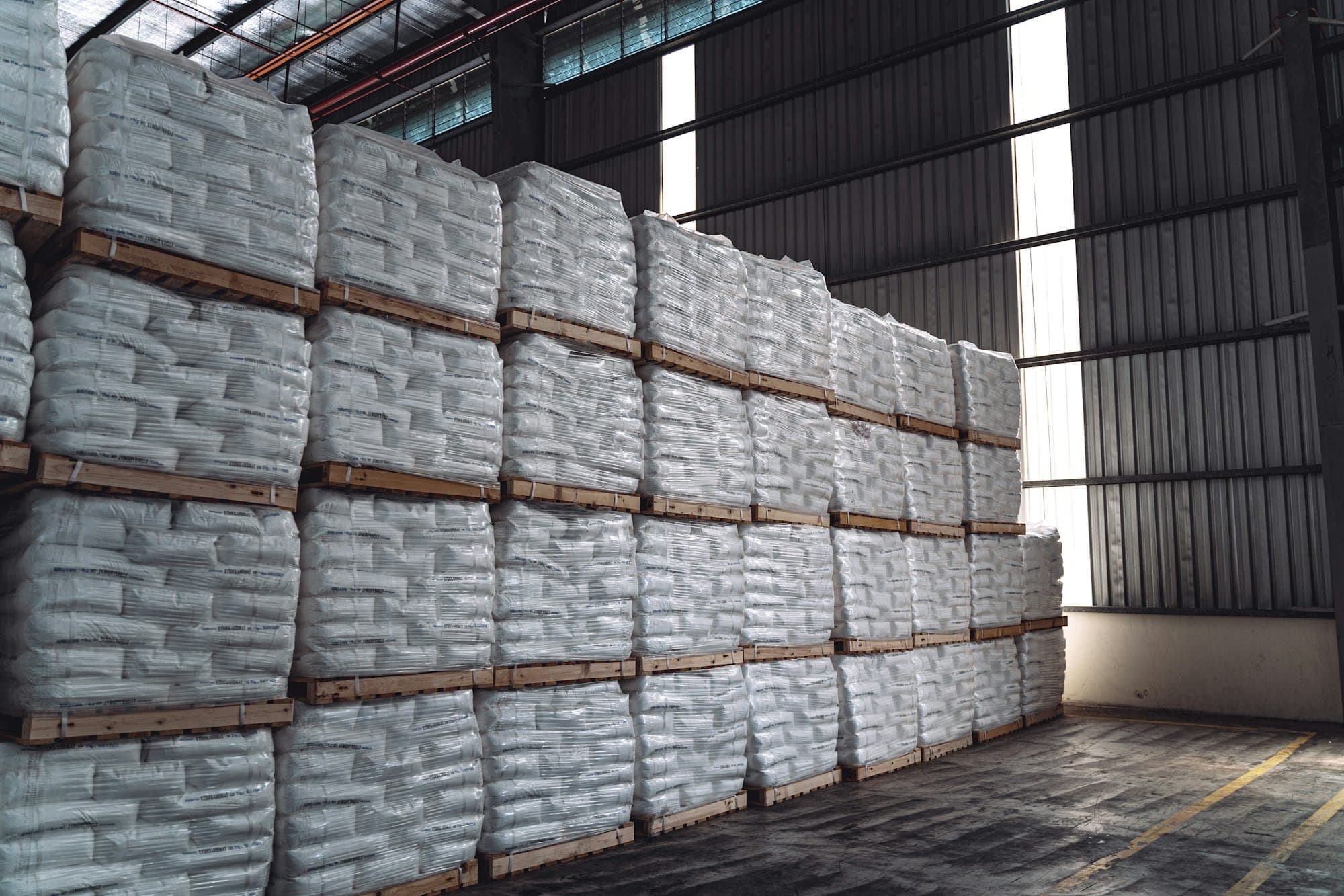 Stacked bags of cargo in a warehouse