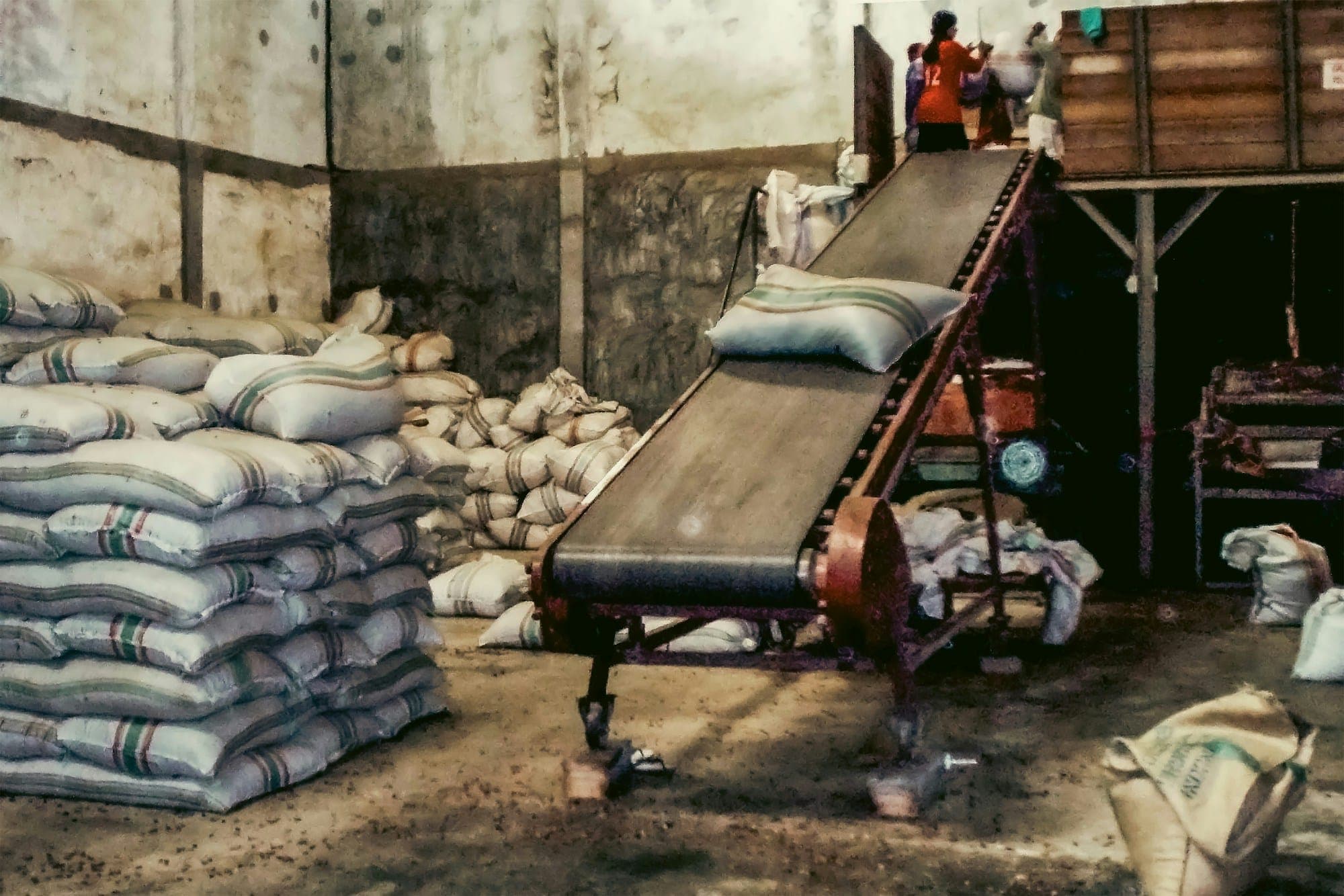 A conveyor line running bagged cargo through a warehouse